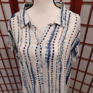 Once Worn SUNDANCE Cruise wear Short Sleeve Blouse LG  Button, collar, "gauzey"